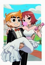 ai ai_art ai_generated kim_pine novelai scott_pilgrim scott_pilgrim_takes_off scott_w_pilgrim sfw wedding_dress wedding_ring wedding_veil