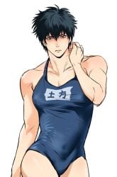 alternate_costume black_hair bulge crossdressing embarrassed gintama hijikata_toshiro looking_at_viewer male male_only masculine_crossdresser muscular muscular_male name_tag one-piece_swimsuit sapomu4 school_swimsuit shy solo sukumizu swimsuit