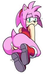 after_sex amy_rose anthro anus ass bare_shoulders black_nose boots bottomless clothed clothing cum female female_only footwear green_eyes hair half-dressed headband hedgehog hi_res mammal pink_hair pussy sega short_hair simple_background solo sonic_(series) tears video_games watatanza