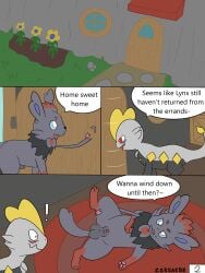 3:4 absurd_res animal_genitalia balls black_body black_fur blush comic dialogue duo eeveelution english_text feral fur generation_5_pokemon generation_6_pokemon generation_7_pokemon genitals grey_body grey_fur hi_res hybrid jangmo-o male male/male nintendo orange_body orange_fur penis pokemon pokemon_(species) presenting scalie sheath surprised sylveon text zoro_(zoroak) zoroak88 zorua