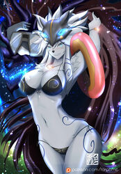 animal_ears blue_eyes bra breasts female kindred lamb_(character) lamb_(league_of_legends) league_of_legends long_hair older panties riot_games smile taohai thighs underwear wolf wolf_(league_of_legends)