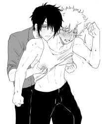 2boys blush class_3-z clenched_teeth eye_patch gay gintama gintoki_sakata looking_pleasured male male_only monochrome nipple_play nipple_pull nipple_rub nipple_stimulation oiiiioioioiio shirt_lift shirt_up sketch sweat takasugi_shinsuke tank_top tears yaoi