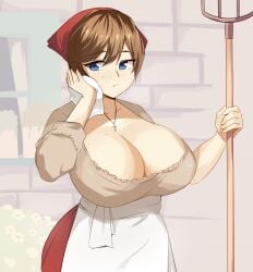 1boy alternate_costume apron bag bangs bare_shoulders beret between_breasts blue_eyes blurry blurry_background blush bow bra braid breasts brown_hair bursting_breasts casual choker cleavage closed_mouth collarbone covered_nipples cowboy_shot curvy door dress earrings eyebrows_visible_through_hair female food frilled_apron frills hair_between_eyes hair_ornament hand_up handbag hands_up hat head_scarf heart holding huge_breasts indoors jewelry kitchen ladle large_breasts leaning_forward long_hair long_sleeves looking_at_viewer looking_to_the_side maid maid_apron male mature_female medium_hair mole mole_under_eye naked_apron necklace off_shoulder open_mouth original parted_lips pendant ponytail red_headwear ribbed_sweater ribbon ring see-through shiny shiny_hair shirt short_hair short_sleeves sidelocks simple_background skirt sleeveless smile solo standing sweat sweatdrop sweater thighs underwear upper_body waist_apron white_apron white_dress white_headwear white_shirt window