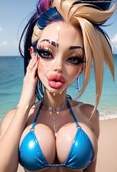 after_cumshot ai_generated akali athletic big_breasts bikini bikini_top bimbo bimbo_lips bimbofication blue_eyes collarbone cum cum_on_chest cum_on_face cute cute_face earrings eyelashes eyeliner fake_breasts freckles freckles_on_face freckles_on_shoulders huge_lips k/da_series league_of_legends long_nails mastarblastar multicolored_hair no_makeup ocean posing posing_for_the_viewer selfie shore smug smug_face