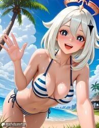 1girls :d aged_up ai_generated alternate_breast_size artist_name bangs bare_arms bare_shoulders beach big_breasts bikini blue_eyes blue_sky blush breasts bright_pupils cleavage cloud collarbone cowboy_shot day eyelashes female female_only genshin_impact grass hair_between_eyes hair_ornament halo halterneck hand_up high_resolution highres leaning_forward light-skinned_female looking_at_viewer medium_breasts medium_hair navel ocean open_mouth outdoors paimon_(genshin_impact) palm_tree sand shiny shiny_skin short_hair side-tie_bikini_bottom sky smile solo stable_diffusion stomach string_bikini striped striped_bikini sunlight swimsuit teeth thigh_gap thighs tree upper_teeth_only waifuscans418 waving white_hair