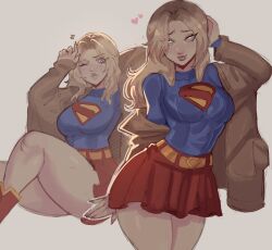 1girls absurdres animification blonde_hair blue_eyes boots breasts brown_jacket dc dc_comics dcu female highres jacket kara_zor-el leotard long_hair long_sleeves looking_at_viewer medium_breasts miniskirt multiple_views one_eye_closed red_boots skirt sleeved_leotard smile supergirl supergirl_(dcu) superhero_costume superman_(2025) superman_(series) superman_logo widisu