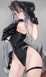 1girls adapted_costume arknights big_breasts big_hips black_hat black_leotard breasts breasts_out cowboy_shot cuffs dragon_girl dragon_horns dragon_tail ear_piercing female female_only gloves green_hair hat horns kemonomimi large_breasts large_hips looking_at_viewer mikozin nipples official_alternate_costume orange_eyes partially_clothed police_hat police_uniform prison_guard prison_guard_uniform saria_(arknights) saria_(the_law)_(arknights) shackles simple_background skindentation sleeveless solo solo_focus tail thick_thighs thigh_strap thighs very_long_hair