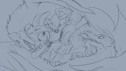anal armello armor avian balls bane_(species) barnaby_(armello) bottomless buckteeth cobaltsynapse cub erection furry gay male male_cub male_only monochrome pawpads penis rabbit simple_background sketch tentacle threesome wings yiff young