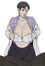 1boy 1girls big_breasts big_penis black_eyes black_hair bra breasts bulge bulge_through_clothing cleavage detnox female female_only futa_on_female huge_breasts huge_cock imminent_sex jojo's_bizarre_adventure jotaro_kujo large_breasts large_penis light-skinned_female light_skin lipstick looking_at_partner male milf nurse_(jjba) penis penis_bulge repost short_hair source_request stardust_crusaders tomboy tomboy_milf