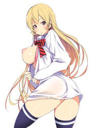 ass blonde_hair blush breasts female gengoroh large_breasts long_hair looking_at_viewer looking_back nakiri_erina nipples purple_eyes shokugeki_no_souma sideboob simple_background solo thighhighs undressing very_long_hair