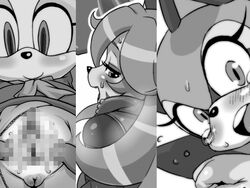 anthro anus blush breasts censored cream_the_rabbit cub female fur furry looking_at_viewer looking_back mammal marine_the_raccoon monochrome nezumi opera_kranz pussy solatorobo sonic_(series) sweat tears