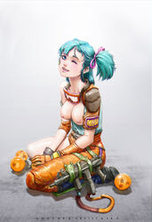 1girls areola blue_eyes blue_hair boots breasts bulma bulma_briefs cleavage dragon_ball dragon_ball_(classic) dragon_ball_(object) eyeshadow female female_only goggles goggles_around_neck kneeling lipstick machine_gun makeup medium_breasts nipples paulo_barrios sitting solo teal_hair teenage_bulma teenage_girl teenager voluptuous wild_rider_suit wink