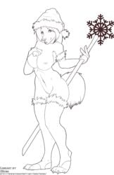 2015 anthro areola big_breasts breasts canine canine claws clothing female gloves hair hat legwear looking_at_viewer mammal monochrome nipples pussy simple_background snowflake stockings toe_claws tongue tongue_out wolf zecho