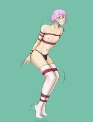 androgynous blush bondage bondage_gear bulge crona_(soul_eater) feminine_male gag gagged half_clothed half_naked long_socks male male_only pink_hair rope_bondage small_bulge socks solo_male soul_eater tiptoes