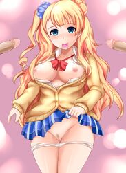 asymmetrical_hair blonde_hair blue_eyes blush breasts breasts_out cardigan censored condom condom_in_mouth earrings female galko gyaru highres jewelry large_breasts long_hair looking_at_viewer mouth_hold multiple_penises nipples one_side_up open_cardigan open_clothes open_shirt oshiete!_galko-chan panties panty_pull penis pubic_hair pussy school_uniform scrunchie shirt side_bun skirt skirt_lift smile underwear yoshimo