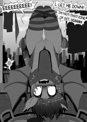 2015 anthro bat_pony blush bondage bondage bottomless bound clothed clothing english_text fan_character fangs female half-dressed hi_res hooves legwear my_little_pony nolegs_(oc) open_mouth outside pussy replica_(artist) rope socks solo suspension sweat teeth text thigh_highs upside-down wings