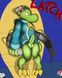 alley balls beanie bottomless clothed clothing crocodile crocodilian english_text front_view green_body green_penis hat headphones latch lethal_league looking_away male_only penis reptile scales scalie solo spotlight starit text yellow_scales