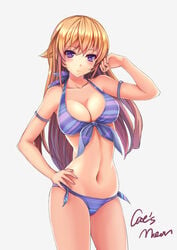 arm_up armlet bikini blonde_hair blush breasts cleavage collarbone female front-tie_top frown grey_background hand_on_hip long_hair midriff nakiri_erina navel purple_bikini purple_eyes shokugeki_no_souma side-tie_bikini simple_background skindentation solo standing stomach strap_gap striped striped_swimsuit swimsuit very_long_hair youxuemingdie