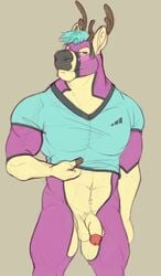 1boy abs anthro balls blush bottomless cervine clothed clothing deer flaccid half-dressed hi_res horrorbuns looking_at_viewer male male_only mammal muscular pecs penis simple_background solo teasing