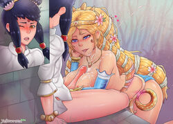 1boy 1girls aphrodite aphrodite_(smite) blonde_hair breasts circlet cum cum_on_breasts cumming ejaculation erection female femboy femboy_on_female femdom large_breasts light-skinned_female light_skin long_hair male malesub ne_zha_(smite) necklace nipples paizuri penis purple_eyes smite straight yellowroom