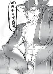 abs balls canine erection japanese_text looking_at_viewer male male_only mammal monochrome muscular nude pecs penis rouen shining_(series) shining_force shining_wind simple_background solo text translation_request unknown_artist video_games white_background wolf