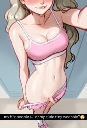 1girls ai_generated ann_takamaki atlus blonde_female blonde_hair clothed crimsoncurse edited face_out_of_frame female female_only futa_only futanari head_out_of_frame indoors leaking_pussy legs lips locker_room navel partially_nude penis persona persona_5 persona_5_royal pink_bra pink_shorts selfie shorts shorts_down shorts_pull showing_off small_penis snapchat socks sports_bra sweat text text_box third-party_edit
