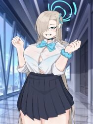 asuna_(blue_archive) blue_archive blue_eyes bra confusedsabron halo ichinose_asuna long_hair looking_at_viewer paizuri paizuri_under_clothes pressing_breasts_together school_uniform transparent_clothing