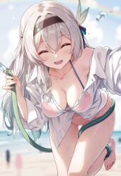 ai_generated beach_background bottomless closed_eyes cloudy_sky female female_focus firefly_(honkai:_star_rail) happy_female honkai:_star_rail no_bikini_bottom no_shoes raaicave sky_background translucent_clothing water_hose white_hair