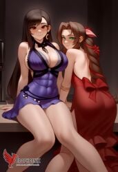2d 2girls aerith_gainsborough ai_generated ass barefoot big_ass big_breasts blush bra couch dress erophoenix feet female female_focus final_fantasy final_fantasy_vii final_fantasy_vii_rebirth final_fantasy_vii_remake indoors jewelry large_breasts long_hair multiple_girls naked navel panties patreon_username purple_bra purple_panties red_bra red_eyes red_panties sitting small_breasts smile soles sweat sweating thick_thighs thighs tifa_lockhart underwear yuri yuri