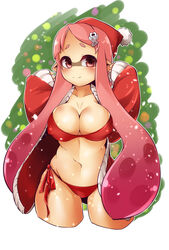 bikini breasts female inkling pink_hair pointy_ears santa_hat solo splatoon underwear uzura_kazuhisa