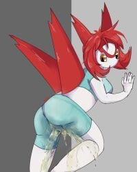 anthro ass bodily_fluids bottomwear breasts camel_toe clothed clothing crop_top dripping_urine female generation_3_pokemon genital_fluids hair latias leaning leaning_against_wall leaning_forward legendary_pokemon mouthless nintendo pants peeing pokemon pokemon_(species) pokemorph raveneevee red_hair shirt shorts simple_background solo spandex spandex_shorts tight_bottomwear tight_clothing tight_shorts topwear urine wet wet_bottomwear wet_clothing wet_legs wet_pants wetting white_body white_skin wings yellow_eyes