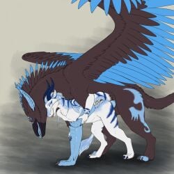 absurd_res anal anal_sex anthro avian balls beak black_body black_fur black_pawpads blue_body blue_claws blue_eyes blue_fur blue_horn blue_knot blue_penis claws dragon duo ennismore feral fur furred_dragon furred_scalie genitals gryphon hi_res horn knot male male/male mythological_avian mythological_creature mythological_scalie mythology pawpads penetration penis pink_pawpads scalie size_difference smaller_penetrated white_body white_fur
