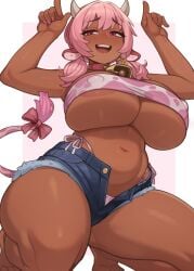 areolae bell_collar chubby cow_girl cow_horns dark-skinned_female large_ass large_breasts legs looking_at_viewer melonpuff minishorts panties pink_hair shorts simple_background smiling tagme underboob white_background