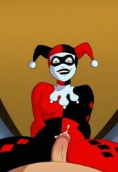 after_ejaculation ai_generated batman:_the_animated_series batman_(series) dc dc_comics from_below harley_quinn harley_quinn_(classic) leaking_cum looking_at_viewer looking_down penis rear_view warner_brothers