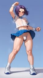ai_generated athletic athletic_femboy femboy femboy_focus femboy_only g-string raven_(dc) see-through_clothing skirt skirt_lift sports_bra sweat sweaty_body teen_titans tennis_uniform white_clothing white_panties