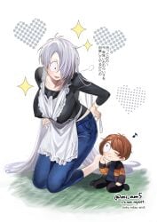 1girls alternate_costume apron big_breasts blush female female_focus full_body fully_clothed gegege_no_kitarou genderswap_(mtf) ghost_girl hair_over_one_eye hanging_breasts japanese_text jeans kitarou kitarou_tanjou_gegege_no_nazo kneeling long_hair medama_oyaji_(human) mi_am5 milf mother_and_son nipple_bulge no_bra rule_63 smile very_long_hair white_hair wholesome