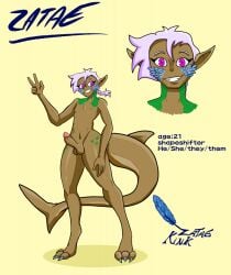 1boy erect_penis erection feathers green_scales humanoid humanoid_penis male male_only penis pink_eyes pink_hair reference_sheet scalie shapeshifter shark_tail simple_background solo solo_focus zatae zataekink