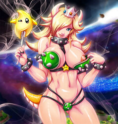 7th-heaven armlet blonde_hair blue_eyes bowser_(cosplay) bra bracelet breasts cosplay earrings female female_only flashing human koopa large_breasts long_hair luma mario_(series) navel nintendo nipples princess_rosalina solo spiked_bracelet standing super_mario_galaxy tail thong wand