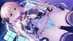 ass_visible_through_thighs black_bow black_thighhighs blonde_hair blue_panties blush bow bowtie braid breasts closed_mouth clothes_lift dark dress dress_lift dutch_angle embarrassed female frilled_shirt_collar frills frown game_cg green_eyes hairbow hand_on_own_chest highres indoors lifting_own_clothes long_hair otome_domain panties peeing peeing_self photoshop_(medium) red_bow red_bowtie saionji_kazari school_uniform small_breasts solo tatekawa_mako thighhighs underwear urine wet wet_clothes wet_panties window