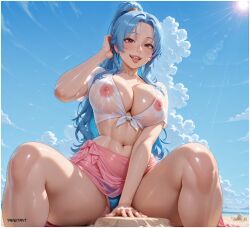 1girls ai_assisted ai_generated beach big_breasts blue_hair brown_eyes cleavage deviantart deviantart_link deviantart_logo deviantart_username from_below highres large_breasts looking_at_viewer nefertari_vivi nipples nipples_visible_through_clothing on_sand one_piece ponytail princess see-through see-through_clothes see-through_clothing see-through_shirt see-through_top solo solo_female solo_focus spread_legs summer tongue tongue_out voluptuous voluptuous_female wet wet_body wet_clothes wet_shirt wet_skin yametastudio