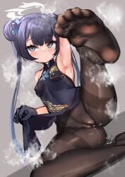 absurdres arm_up armpits bare_shoulders black_dress black_gloves black_hair blue_archive blush breasts brown_pantyhose butterfly_hair_ornament china_dress chinese_clothes closed_mouth clothes_lift covered_nipples dot_mouth dot_nose double_bun dragon_print dress expressionless feet female foot_focus foreshortening gloves grey_background grey_eyes hair_bun hair_ornament halo highres kisaki_(blue_archive) leg_up long_hair looking_at_viewer mashiropp pantyhose pelvic_curtain pelvic_curtain_lift pussy_juice pussy_juice_puddle simple_background sleeveless sleeveless_dress small_breasts soles solo steaming_body sweat toes