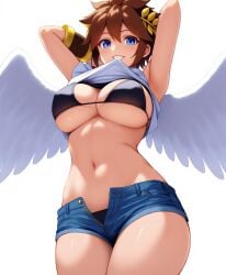 ai_generated angel angel_wings brown_hair denim_shorts genderswap_(mtf) kid_icarus large_breasts midriff nintendo pit_(kid_icarus) rule_63 unbuttoned