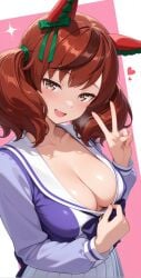 ai_generated animal_ears cleavage female highlights_hairs horse_girl looking_at_viewer nice_nature_(umamusume) reddish_hair showing_breasts tracen_school_uniform twintails umamusume umamusume_pretty_derby