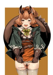 animal_ears blush body_writing bow breasts censored cleavage coat dress dress_lift female gloves granblue_fantasy hairbow karteira_(granblue_fantasy) kirieppa no_panties open_mouth ponytail price prostitution pussy red_eyes red_hair smile thighhighs tied_hair white_legwear