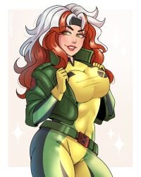 1girls anna_marie bodysuit brown_hair clothing dangerousbride female female_only gloves green_eyes hairband jacket long_hair looking_at_viewer marvel marvel_comics red_lipstick rogue_(x-men) smiling smiling_at_viewer solo two_tone_hair very_high_resolution white_hair x-men