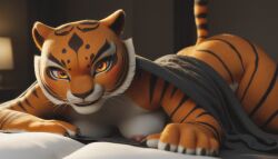 ai_generated anthro anthropomorphic beautiful bedroom big_breasts breasts breeding_request cat_girl coy curvy_female curvy_figure dreamworks feline feline_humanoid female female_focus female_only flirting flirting_with_viewer fur furry furry_female furry_only horny horny_female in_bed in_heat inviting_to_fuck inviting_to_sex inviting_under_covers inviting_viewer kung_fu_panda laying_down laying_on_bed looking_at_viewer master_tigress muscular muscular_female nude nude_female orange_eyes playful realistic seductive seductive_look seductive_smile sexy sexy_body sexy_pose tiger tiger_girl tigress tigress_(kung_fu_panda) tits_out two_tone_fur under_covers voluptuous voluptuous_female