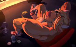 anthro bench_press biped bovid bovine breasts cattle clothed clothing digital_media_(artwork) dumbbell erection footwear fur furry genitals gym hair hi_res horn humanoid_genitalia humanoid_penis looking_at_viewer lying male male_anthro mammal muscular muscular_anthro muscular_male nude partially_clothed pecs penis shoes simple_background smile sneakers snowhund socks solo szoch_(character) tail teeth warm_colors warm_lighting weights yellow_body yellow_fur