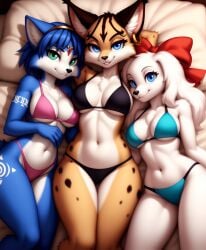 3girls ai_generated bed bikini fay_spaniel furry furry_female krystal laying_on_bed lying miyu_lynx nintendo star_fox