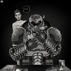action_figure ass back_muscles back_view big_breasts bikini_armor breasts brown_hair choker comic comic_page commander_thira doom doom_(series) doom_slayer_(doom) english_text female fit_female gnashershells heels legs massive_breasts nipples quake speech_bubble spiked_collar thira_(doom) toys