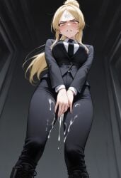 12175 ai_generated angry annoyed blonde_hair charlotte_van_halen covering_crotch cum_on_clothes cum_on_thighs girl_in_suit indie_virtual_youtuber virtual_youtuber